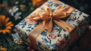 Thoughtfully wrapped gift held in hands among colorful flowers in a garden setting photo