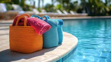 Colorful towels in woven baskets by a refreshing pool on a sunny day photo