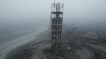 Foggy landscape with towers and overgrown vegetation in abandoned urban area photo