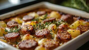 Hearty roasted sausage and potato dish with herbs in a rustic kitchen setting photo