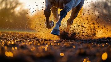 Horse galloping through muddy ground on an overcast day in rural landscape photo