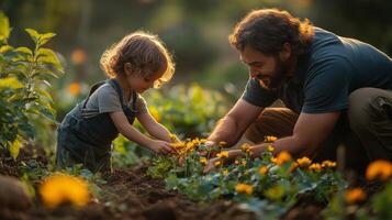 Hands of a child and an adult gently touching colorful flowers in a garden during golden hour photo