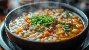 Delicious steaming vegetable soup with beans and herbs in a rustic bowl photo