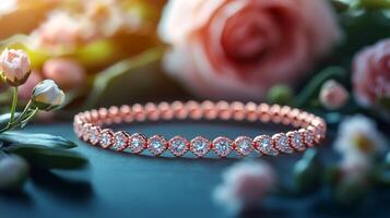 Elegant rose gold bracelet with sparkling gemstones surrounded by delicate flowers photo