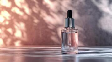 Clear serum dropper bottle showcasing skincare product on a minimalist background in bright light photo