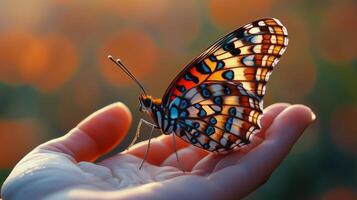 Butterfly perched delicately on an outstretched hand during a serene sunset moment photo