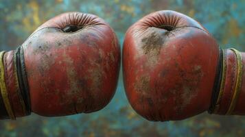 Worn boxing gloves resting on a training surface showcasing years of practice and dedication photo