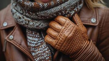 Warm brown leather gloves on person bundled in cozy scarf and jacket during chilly weather photo