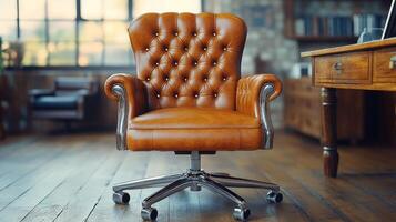 Stylish modern office chair in a bright workspace with wooden desk and plants photo
