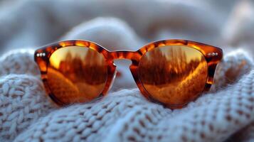 Brown tortoiseshell sunglasses resting on a cozy knitted sweater in a winter setting at sunset photo