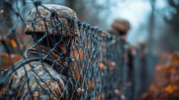 Close-up view of a netting structure along a forest path during autumn photo
