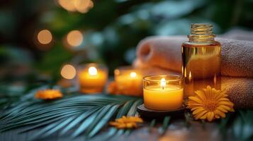 Relaxing spa setting with candles, essential oil, and towels on a wooden surface at evening time photo