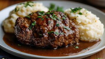Savory meatloaf served with creamy mashed potatoes and rich gravy on a wooden table photo