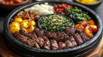 Sizzling steak with grilled vegetables and potatoes served on a hot skillet photo