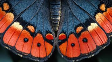 Close-up view of a vibrant butterfly wing displaying intricate patterns and colors in natural light photo