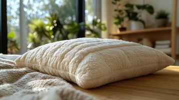 Cozy and soft pillow resting on a wooden surface surrounded by indoor plants in bright light photo