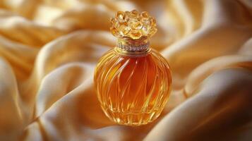 Elegant vintage perfume bottle captured on silky fabric with warm lighting and intricate design details photo
