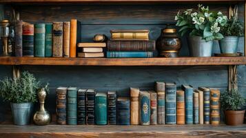 Elegant bookshelf with antique books and globes displayed in a cozy library setting photo
