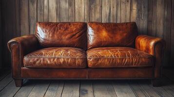 Vintage brown leather sofa with tufted design in a cozy living room setting photo