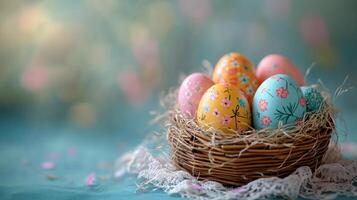 Colorful Easter eggs in a decorative basket on a spring-themed table setting photo