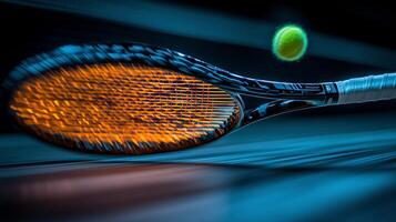 Tennis ball splashes in water as racket strikes during rainy match outside photo