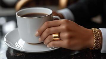 Elegant hand holding a coffee cup adorned with beautiful rings and bracelets in a cozy setting photo
