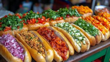 vistoso surtido de Fresco coberturas en un pan rollos a un calle comida mercado foto