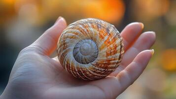 Intricate seashell held in hand against a backdrop of warm autumn colors photo