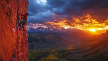 Climber ascending a steep rock face with scenic fjord view in Norway photo
