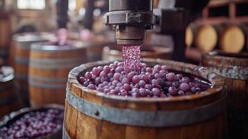 Grapes being crushed and processed in wooden barrels at a winery during harvest season photo