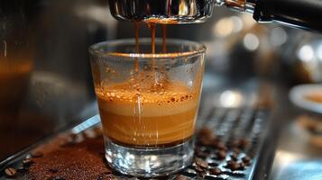 Delicious layered coffee beverage with whipped cream and cocoa sprinkle on wooden table photo