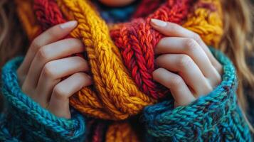 Warm hands holding a colorful knitted scarf in a cozy outdoor setting during autumn photo