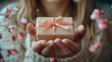 Delicate hands hold a small gift wrapped in natural fabric amid a bed of rose petals photo