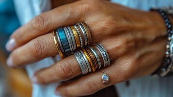 Close-up view of a hand adorned with various stylish rings showing diverse materials and designs photo