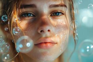 Captivating underwater portrait of a young woman surrounded by shimmering bubbles photo