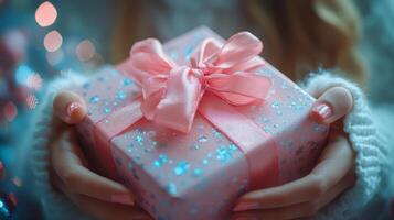 Gift wrapped in brown paper with gold ribbon held by a person in a cozy sweater photo