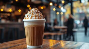 Warm caramel latte served in a takeaway cup at a cozy cafe in a bustling urban setting photo