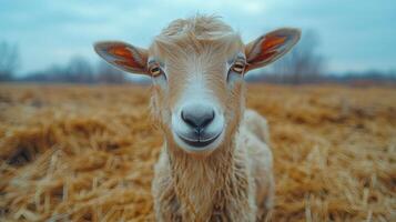Joyful baby goat relaxes in hay under a clear blue sky during sunny afternoon photo