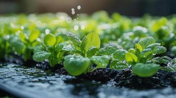 Fresh lettuce seedlings thrive in a greenhouse setting with droplets of water sparkling under bright light photo