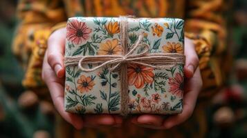 Thoughtfully wrapped gift held in hands among colorful flowers in a garden setting photo
