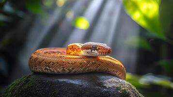 Majestic snake resting on a rock in a sunlit rainforest setting during the early morning hours photo