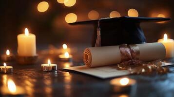 Graduation celebration with a cap and diploma surrounded by candles and warm lights at night photo