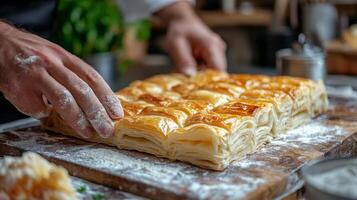 Pastry chef preparing flaky pastry on wooden table in a cozy bakery setting photo