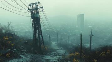 Foggy landscape with towers and overgrown vegetation in abandoned urban area photo