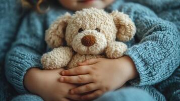 Child holding a soft teddy bear while sitting indoors in cozy sweater photo