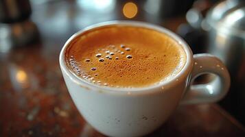 Freshly brewed coffee served in a white cup on a wooden table in a cozy cafe setting photo