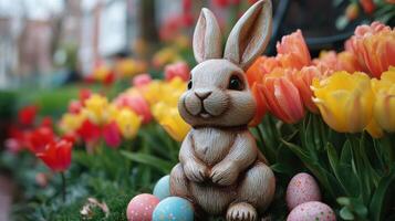 Colorful Easter decoration with blue bunny and vibrant tulips in a spring garden setting photo