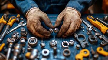 Skilled worker assembling machinery components in workshop with focus on bolts and tools photo