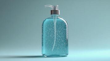 Clear liquid soap dispenser on a light blue background with bubbles and a pump top photo
