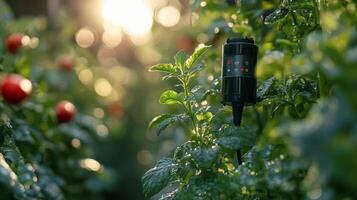 Smart irrigation system enhancing crop growth in a lush green farm field during daylight photo
